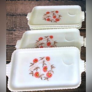 1960s Vintage Anchor Hocking Fire King Milk Glass Fleurette Snack Trays
